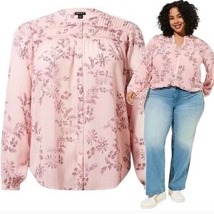 Torrid Pink Floral Chiffon Lurex Button-Up Shirt Long Sleeve, Size 2X